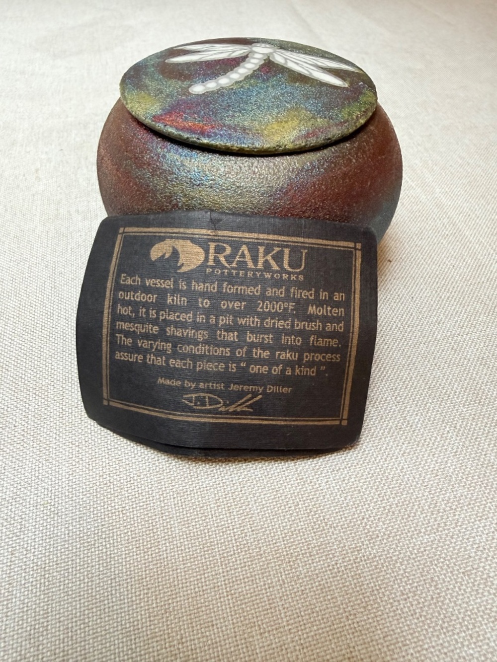 Raku Pottery Dragonfly Dream Catcher Jar Signed Jeremy Dillon With Insert - Picture 4 of 13